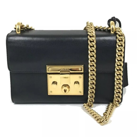 GUCCI 409487 Small Padlock Chain Bag Shoulder Bag Leather Black - Picture 1 of 16